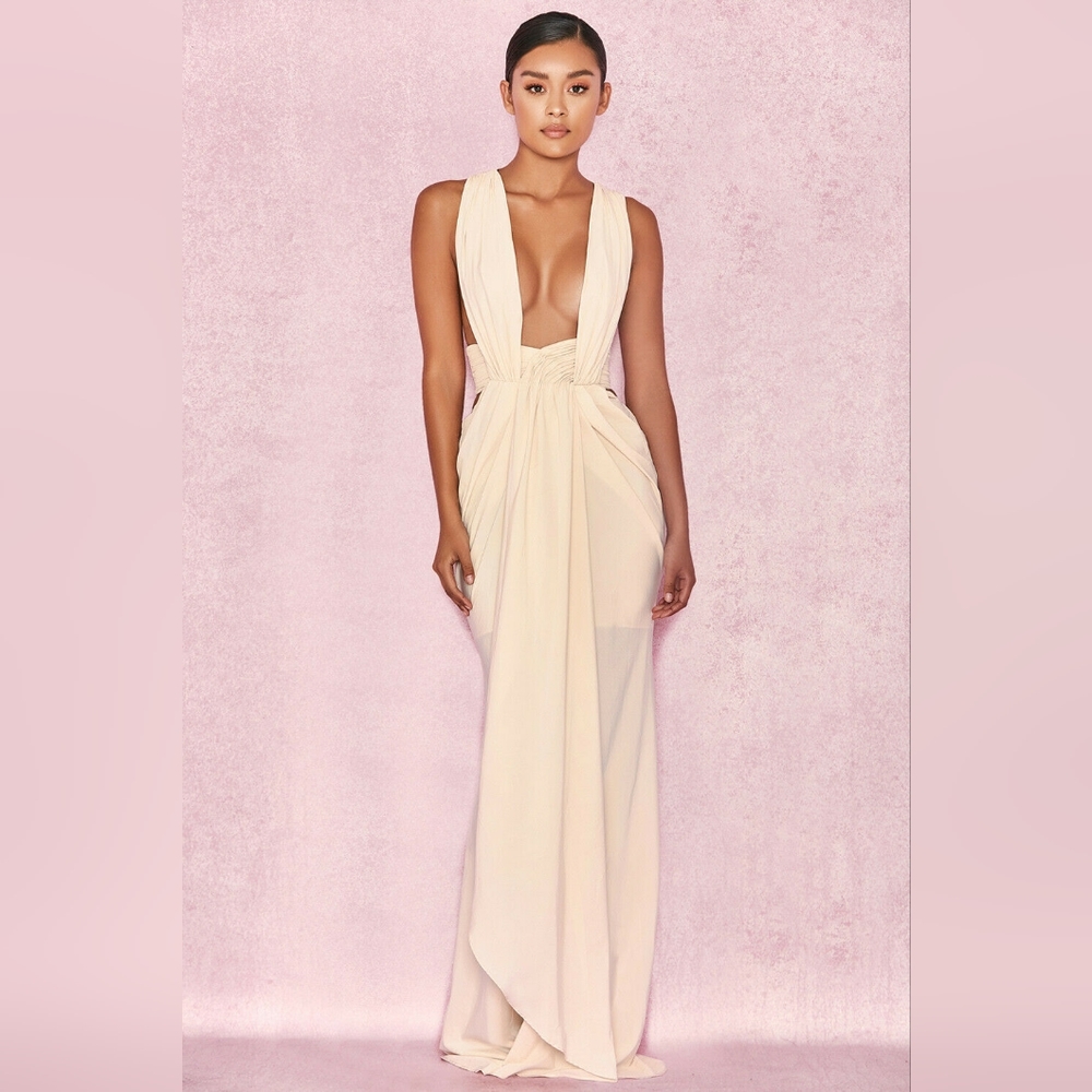 House of CB 'Majolica' Cream Cross Back Drape Maxi Dress /Size L-US 8-10